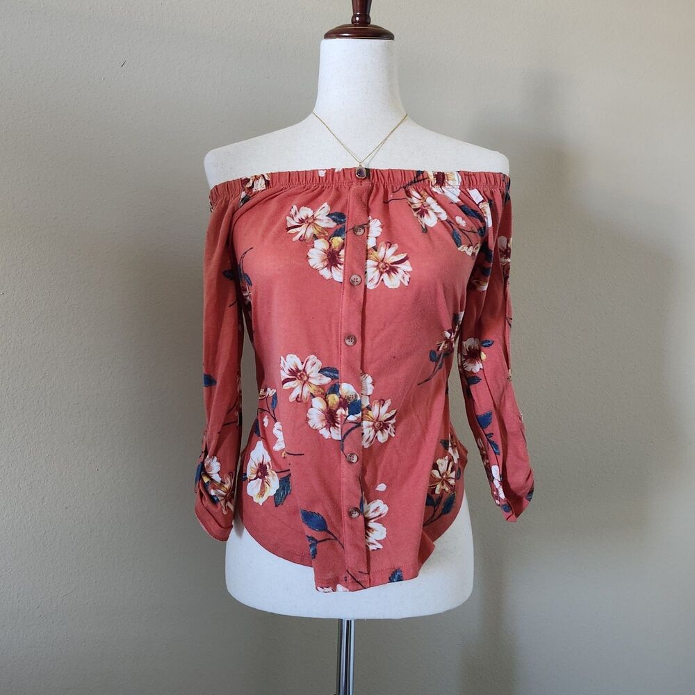 rue21 Coral Off-the-Shoulder Floral Long Sleeve Blouse Size M